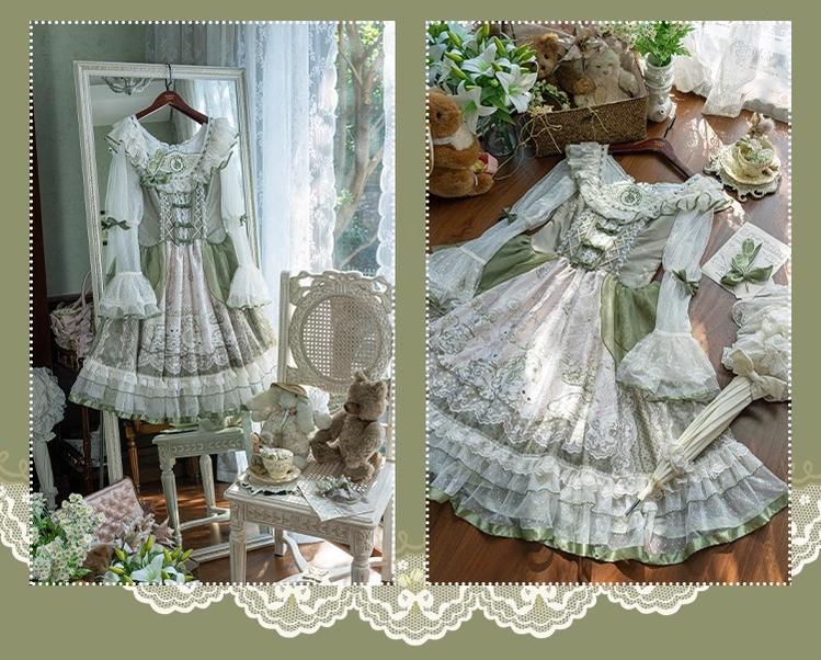 Teacup Bunny - Classic Lolita OP Dress, Fresh Green Floral Print - Image 9