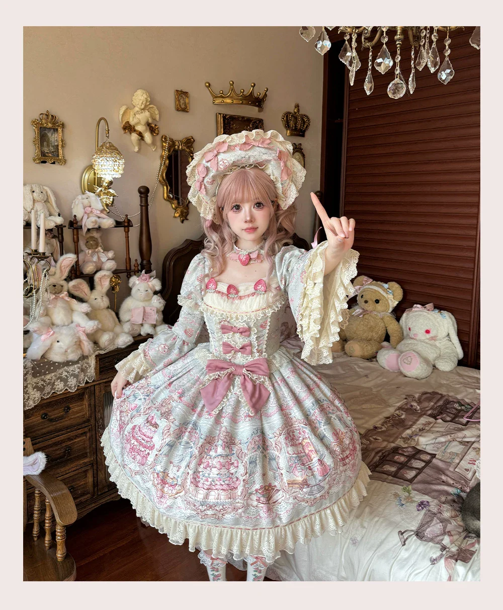Victorian Cake - Classic Lolita OP Dress, Strawberry Cake Print - Image 11