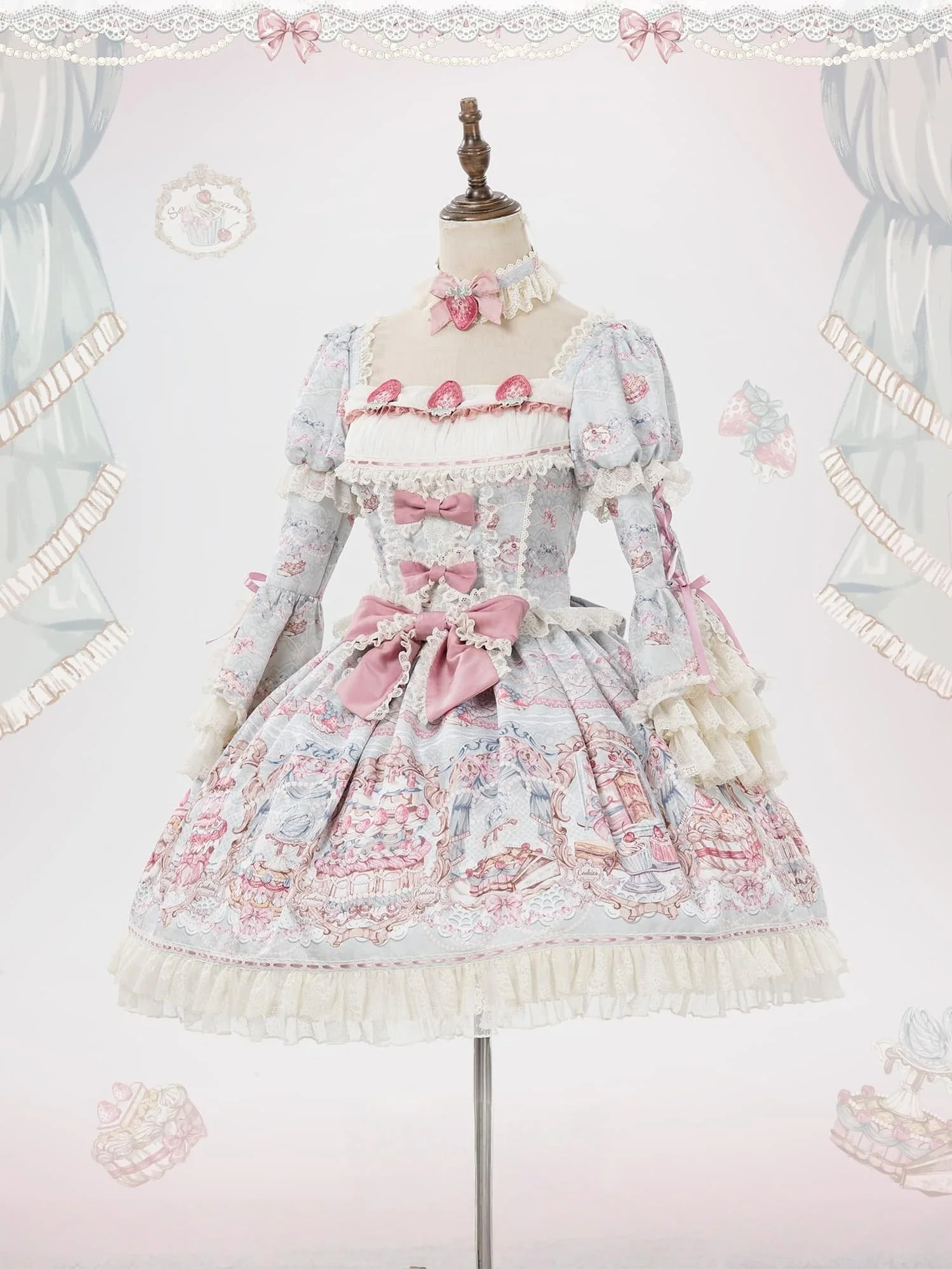 Victorian Cake - Classic Lolita OP Dress, Strawberry Cake Print - Image 20