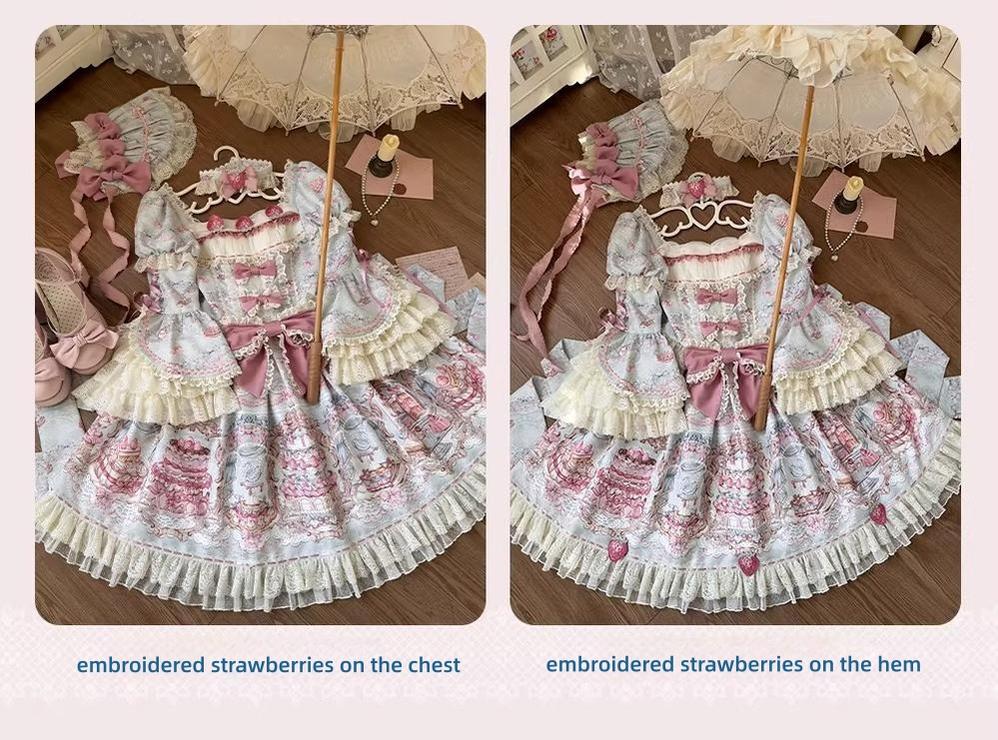 Victorian Cake - Classic Lolita OP Dress, Strawberry Cake Print - Image 22