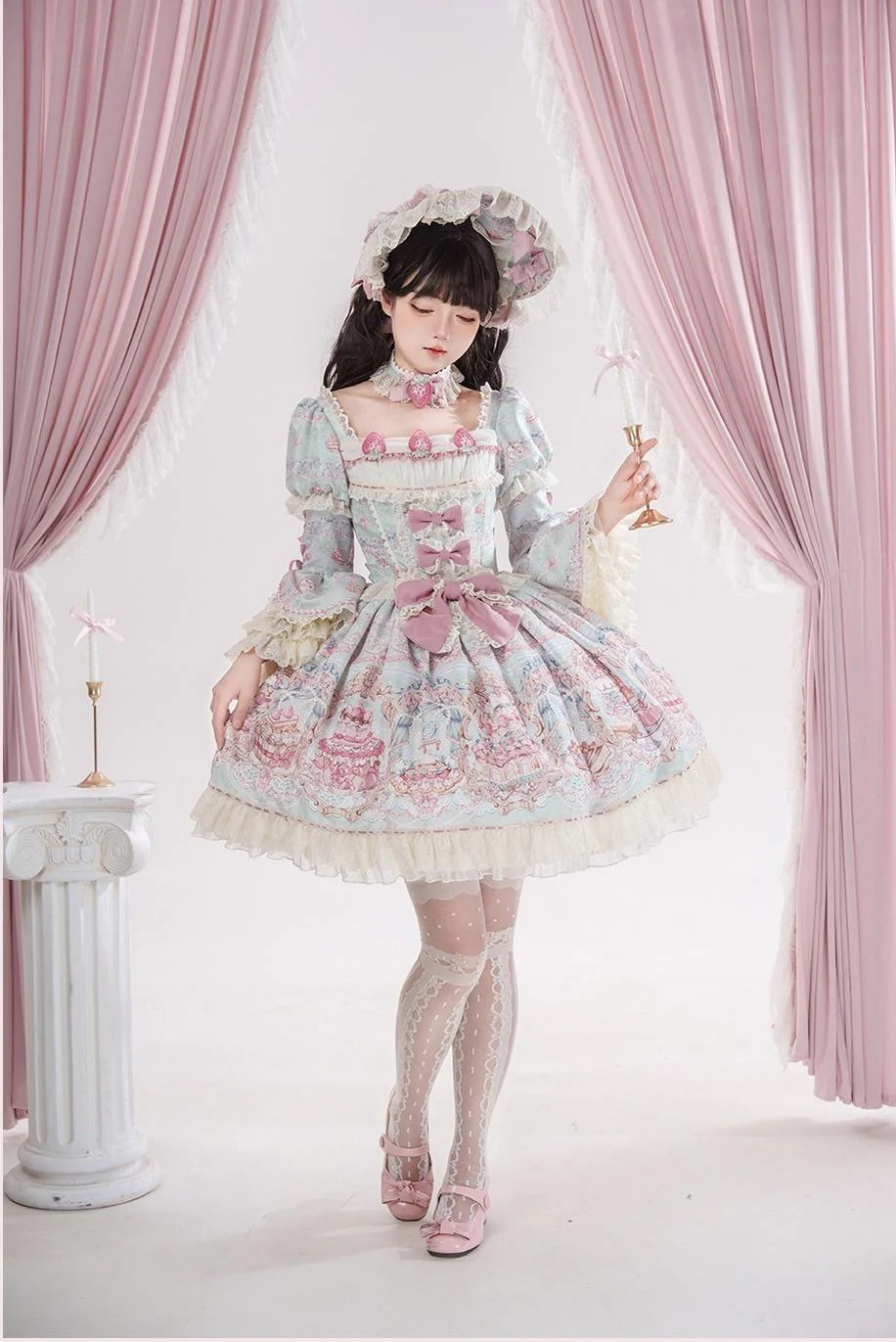 Victorian Cake - Classic Lolita OP Dress, Strawberry Cake Print - Image 3