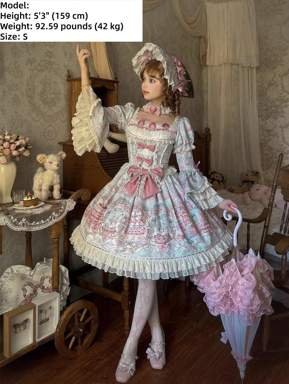 Victorian Cake - Classic Lolita OP Dress, Strawberry Cake Print - Image 4