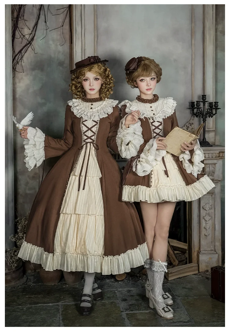 With PUJI - Walnut Box - Classic Lolita OP Dress Suit, Flared Sleeve - Image 2
