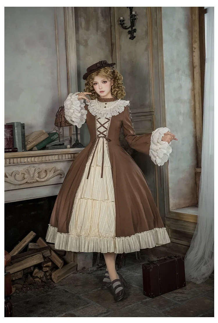 With PUJI - Walnut Box - Classic Lolita OP Dress Suit, Flared Sleeve - Image 21