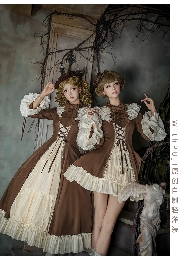With PUJI - Walnut Box - Classic Lolita OP Dress Suit, Flared Sleeve - Image 5