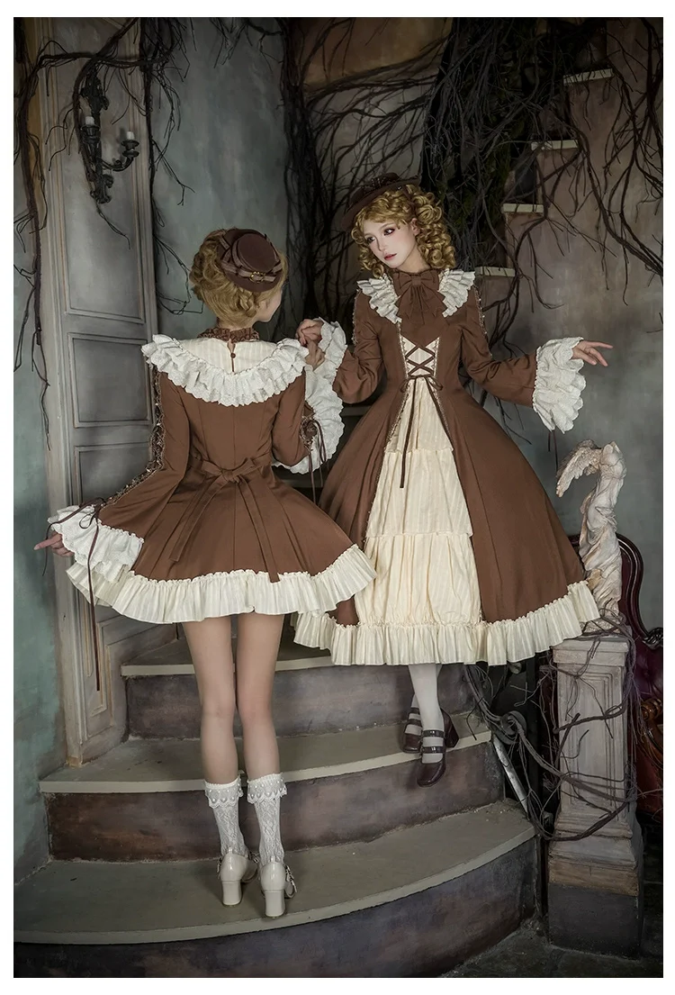 With PUJI - Walnut Box - Classic Lolita OP Dress Suit, Flared Sleeve - Image 8