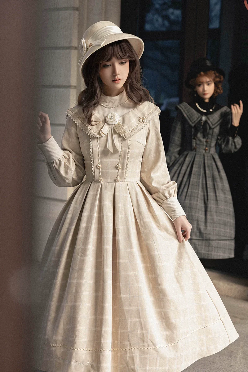 Maple Dan Bai Lu - Classic Lolita Plaid Dress Long Sleeved OP