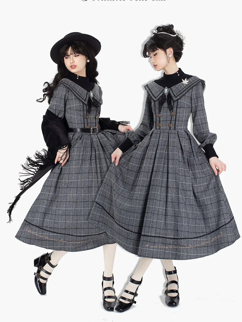 Maple Dan Bai Lu - Classic Lolita Plaid Dress Long Sleeved OP - Image 15