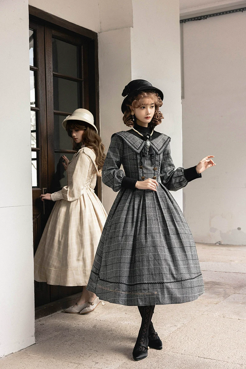 Maple Dan Bai Lu - Classic Lolita Plaid Dress Long Sleeved OP - Image 8