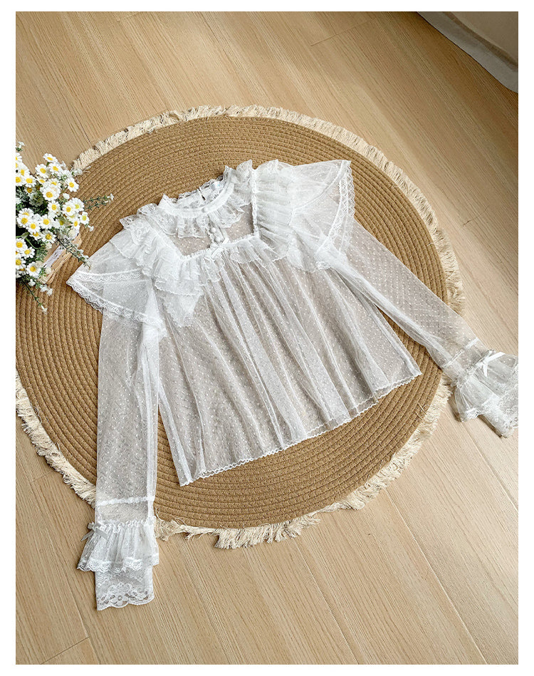 With PUJI - Letters and Poems - Summer Classic Lolita Shirt with Dotted Tulle and Long Sleeve - Image 12