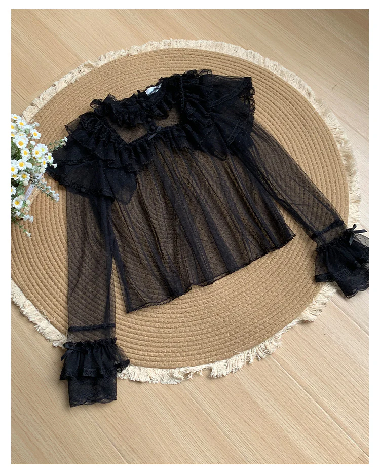 With PUJI - Letters and Poems - Summer Classic Lolita Shirt with Dotted Tulle and Long Sleeve - Image 15