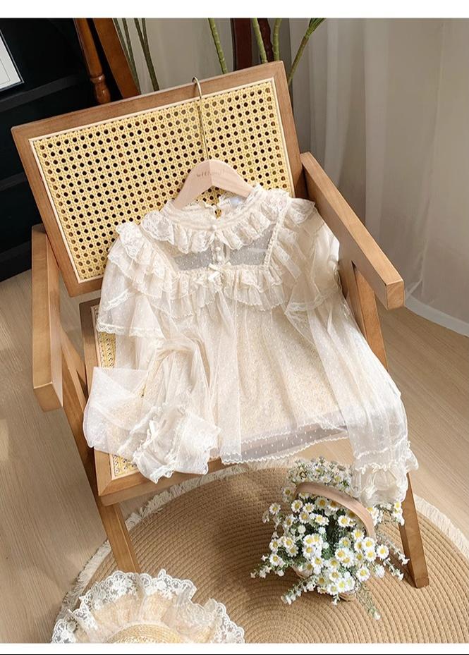 With PUJI - Letters and Poems - Summer Classic Lolita Shirt with Dotted Tulle and Long Sleeve - Image 17