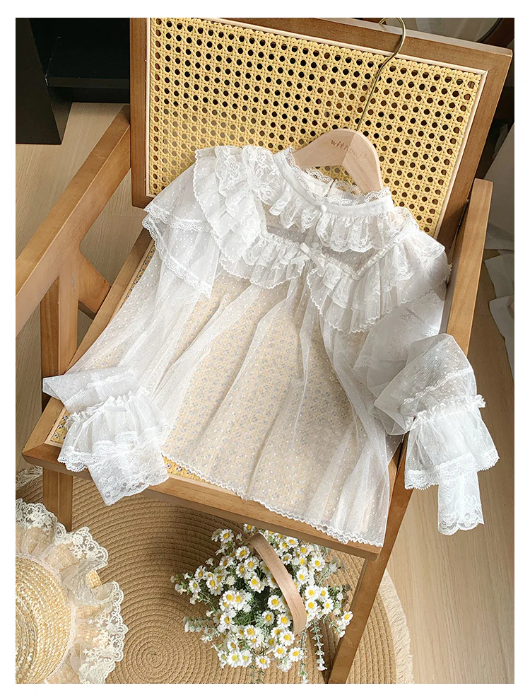 With PUJI - Letters and Poems - Summer Classic Lolita Shirt with Dotted Tulle and Long Sleeve - Image 19