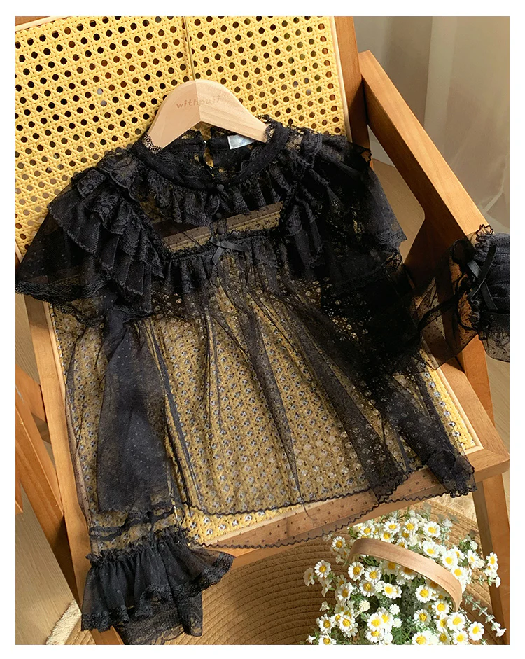 With PUJI - Letters and Poems - Summer Classic Lolita Shirt with Dotted Tulle and Long Sleeve - Image 22
