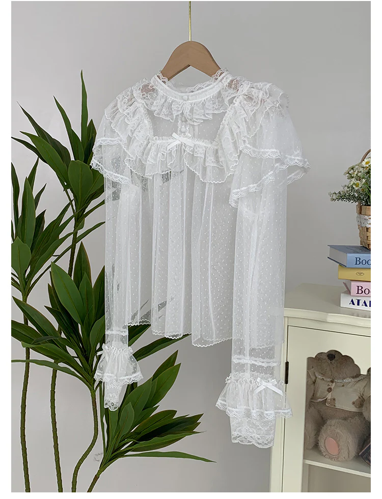 With PUJI - Letters and Poems - Summer Classic Lolita Shirt with Dotted Tulle and Long Sleeve - Image 4