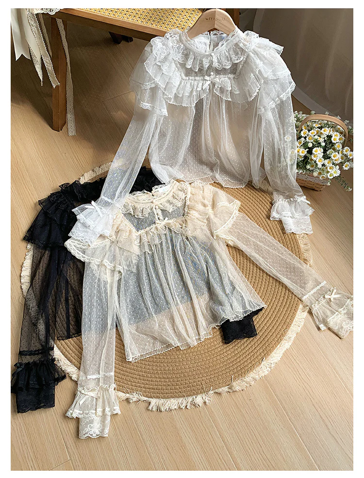 With PUJI - Letters and Poems - Summer Classic Lolita Shirt with Dotted Tulle and Long Sleeve - Image 6