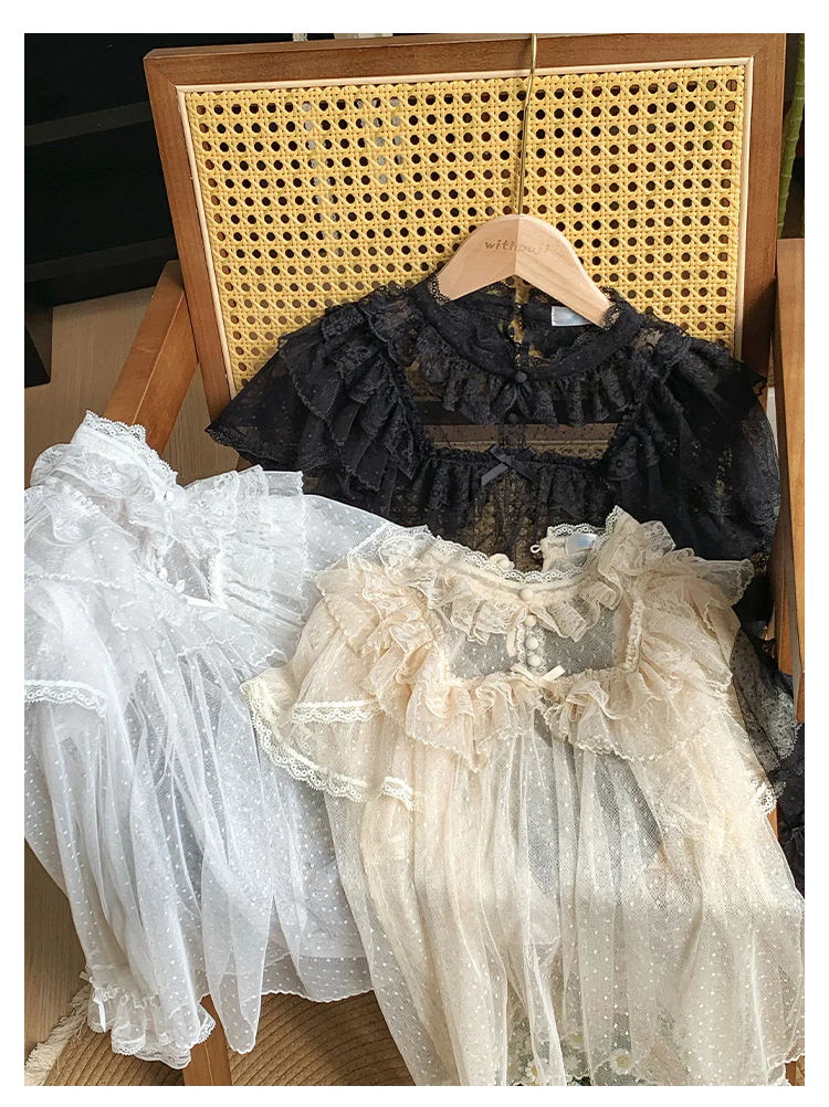 With PUJI - Letters and Poems - Summer Classic Lolita Shirt with Dotted Tulle and Long Sleeve - Image 8
