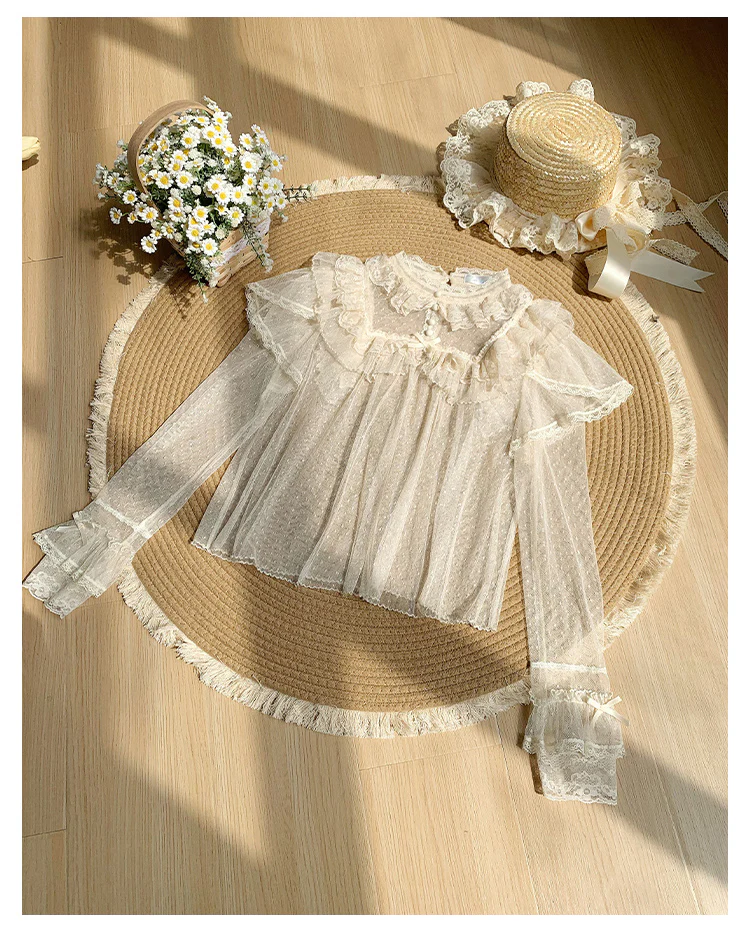 With PUJI - Letters and Poems - Summer Classic Lolita Shirt with Dotted Tulle and Long Sleeve - Image 9
