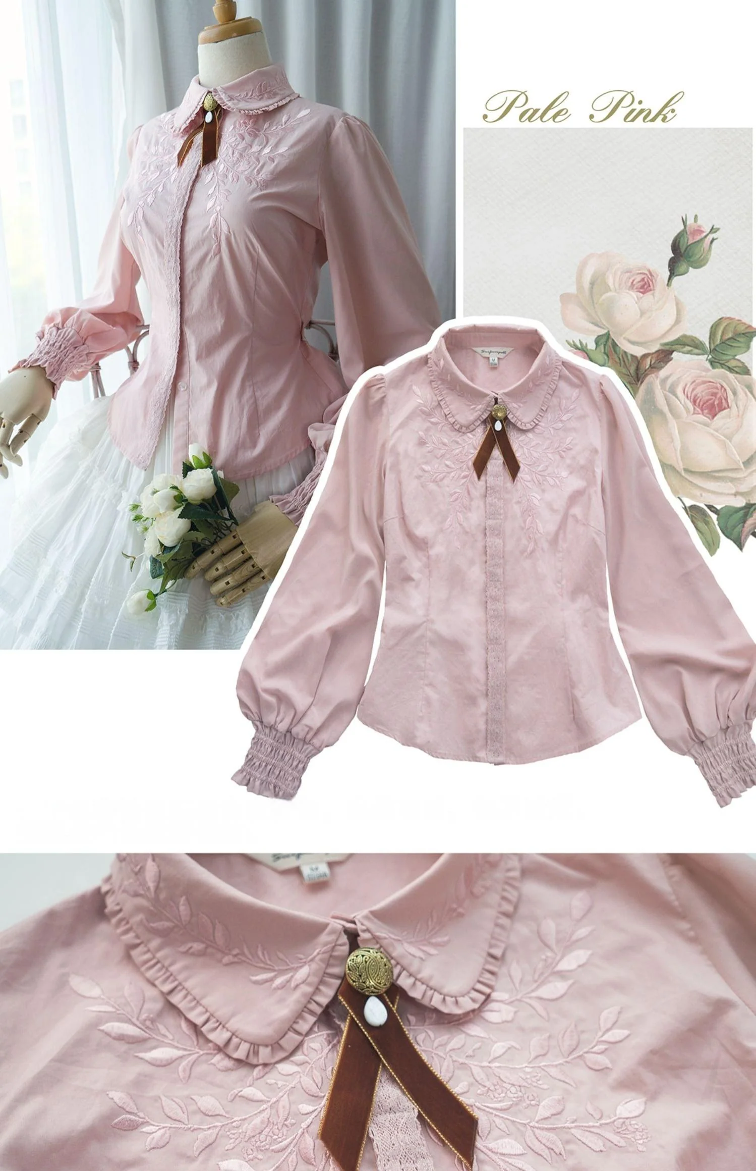 Ship to Wonderland - Classic Lolita Shirt With Vine Embroidery/Brooch - Image 6