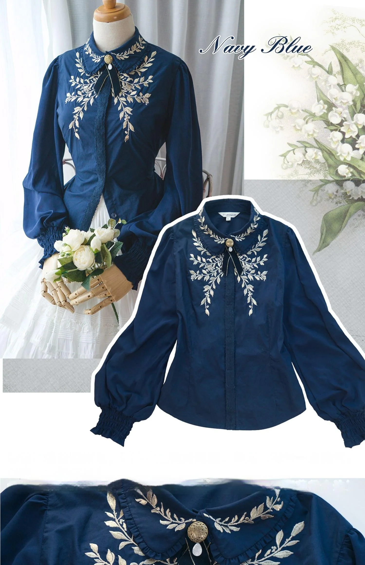 Ship to Wonderland - Classic Lolita Shirt With Vine Embroidery/Brooch - Image 9