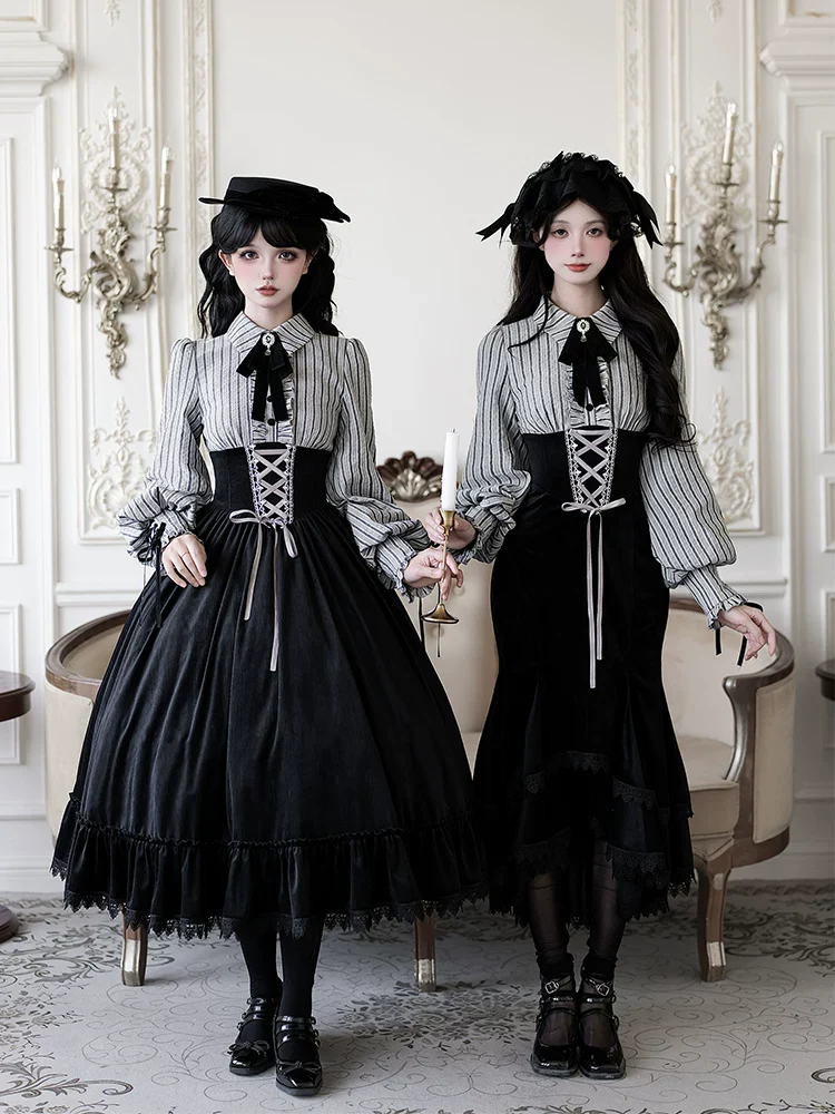 Dusk Moment - Classic Lolita Striped OP & Mermaid Dress Set, Fishbone Waist