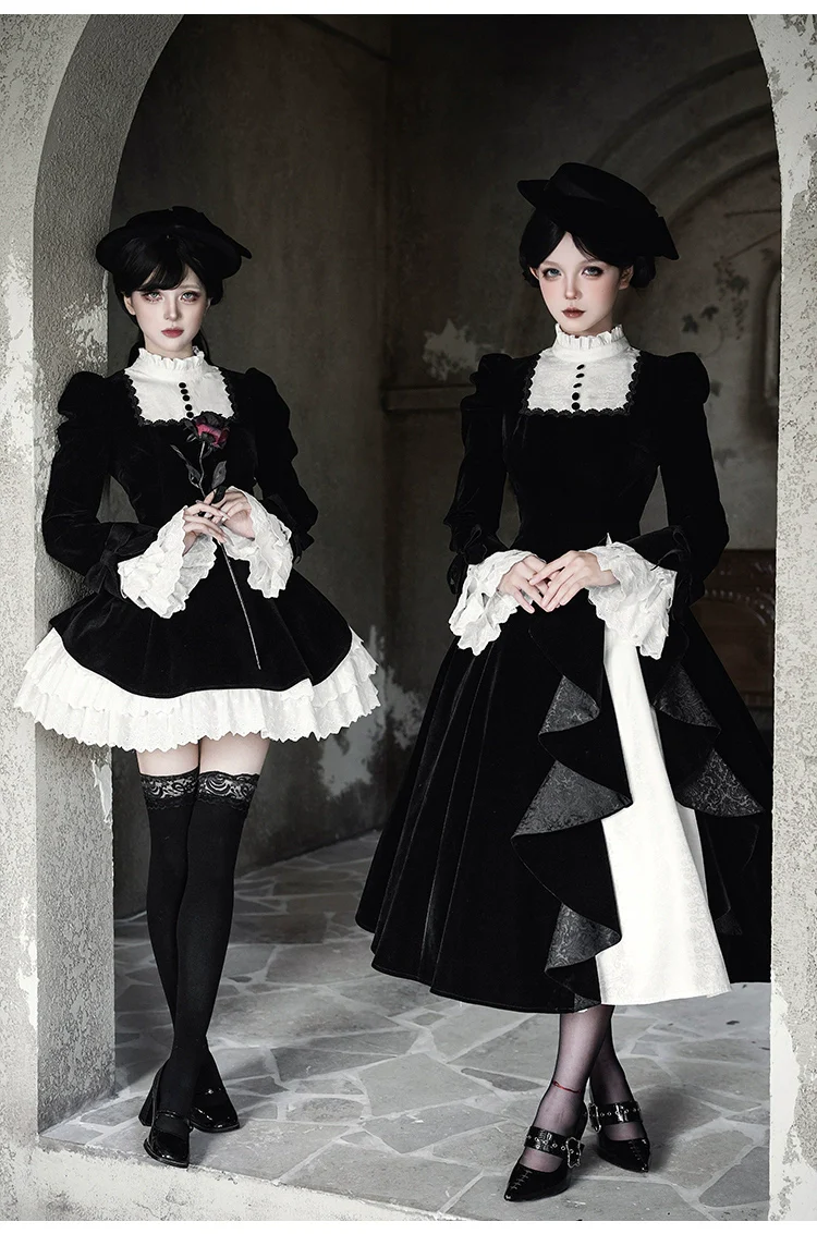 With PUJI - To the Dusk - Classic Lolita Tiered-Skirt OP, Long Irregular Hem - Image 13