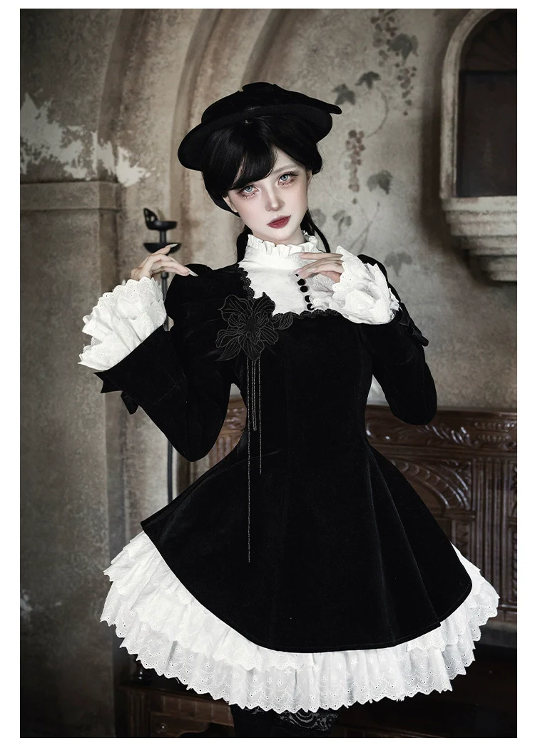 With PUJI - To the Dusk - Classic Lolita Tiered-Skirt OP, Long Irregular Hem - Image 16