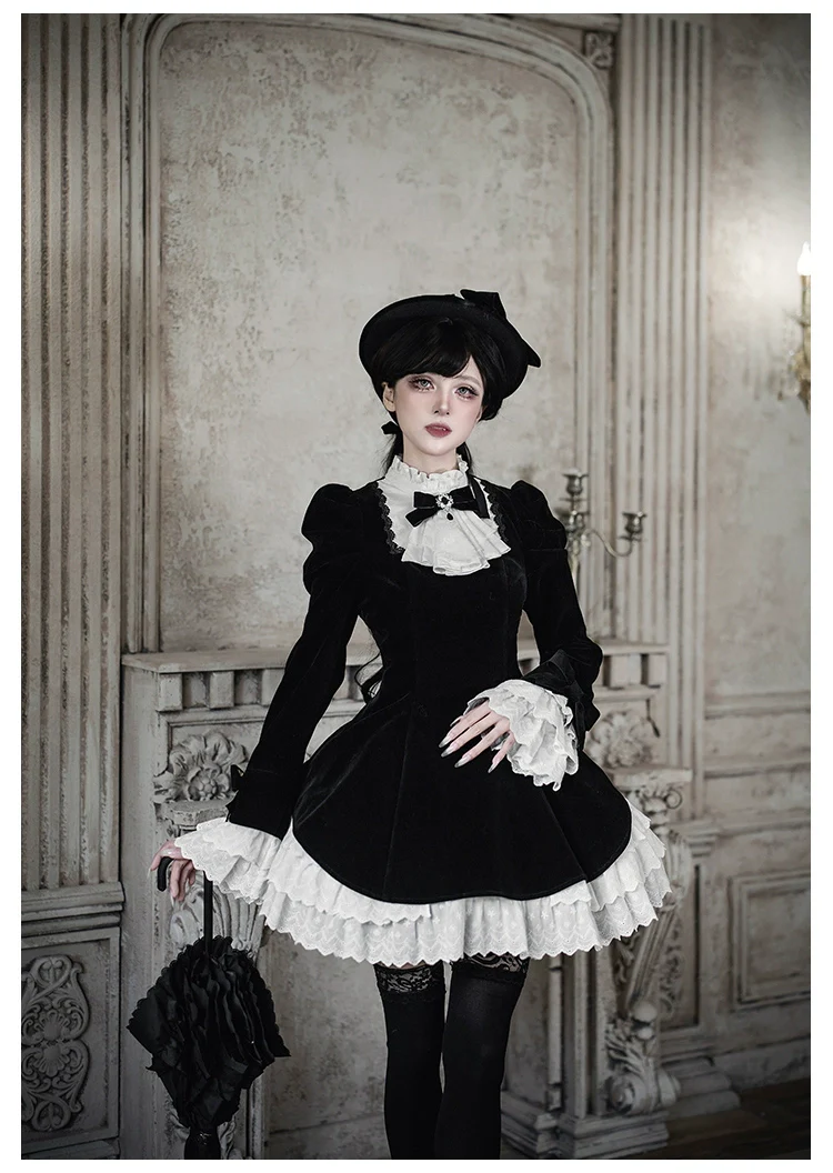 With PUJI - To the Dusk - Classic Lolita Tiered-Skirt OP, Long Irregular Hem - Image 17