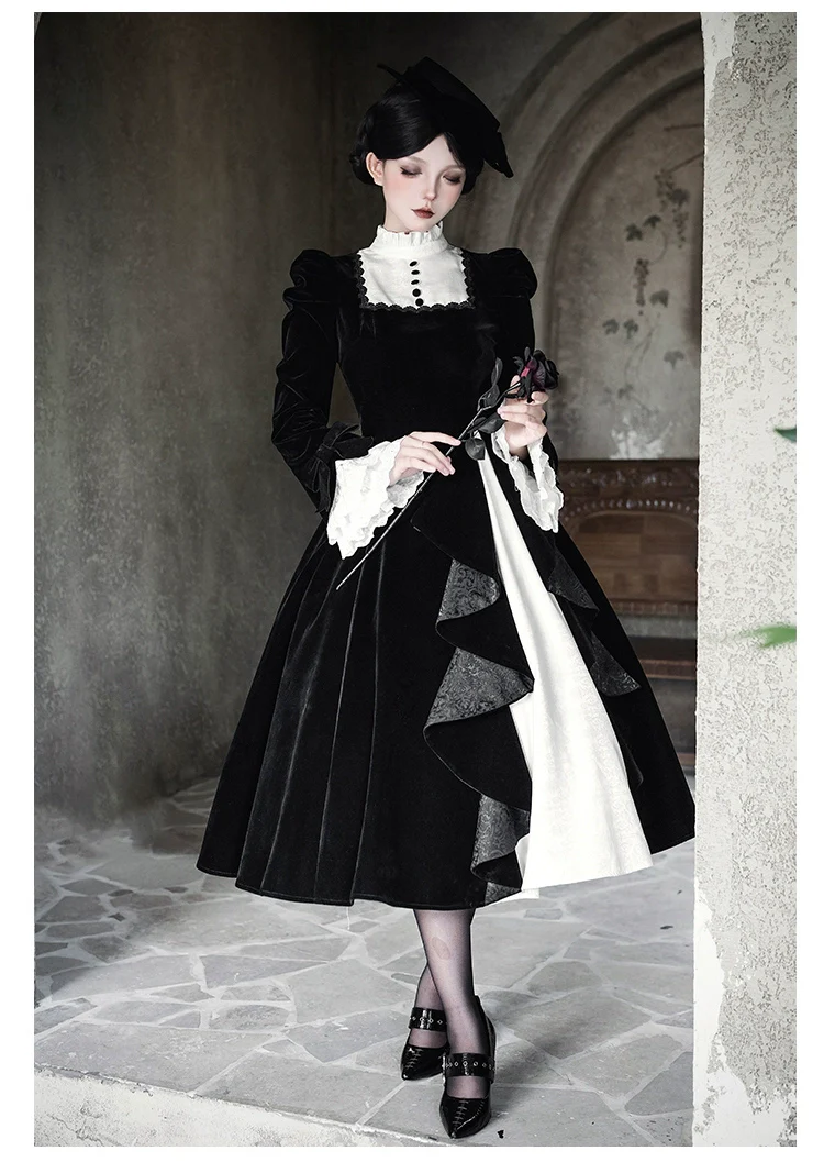 With PUJI - To the Dusk - Classic Lolita Tiered-Skirt OP, Long Irregular Hem - Image 22