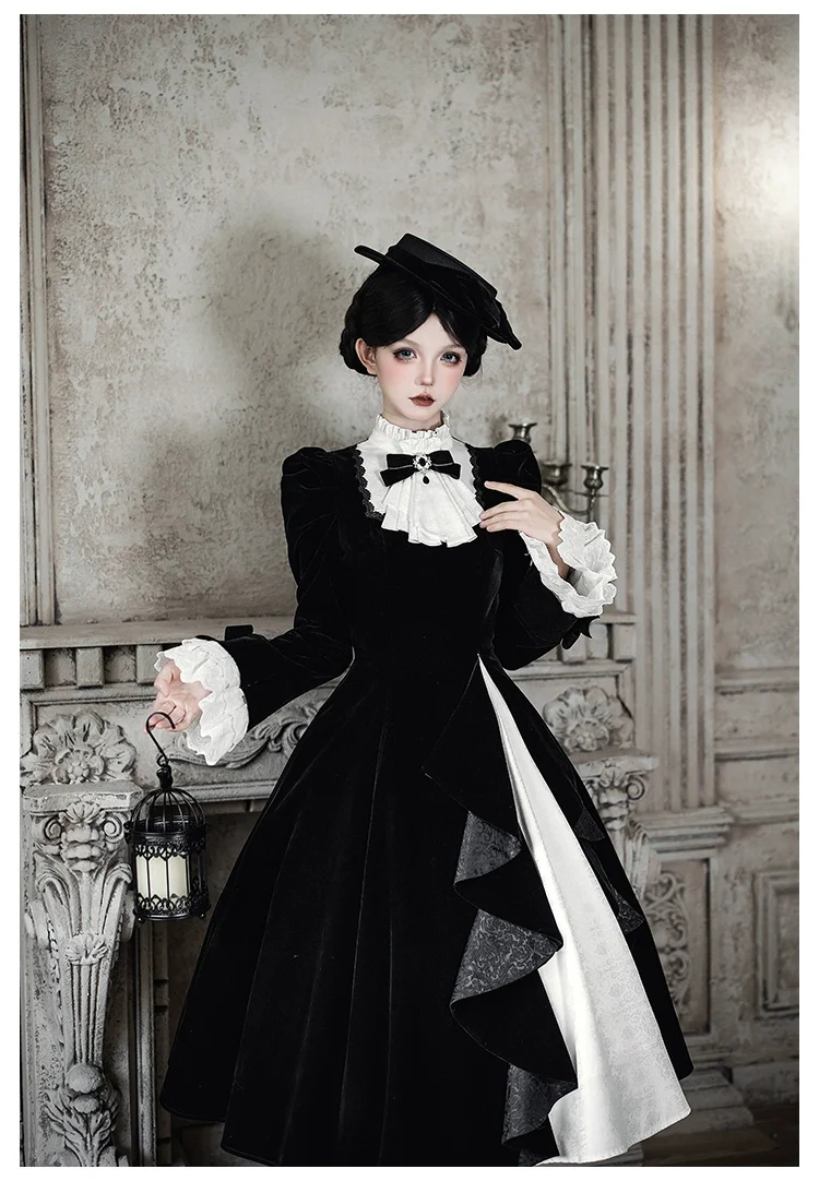 With PUJI - To the Dusk - Classic Lolita Tiered-Skirt OP, Long Irregular Hem - Image 24