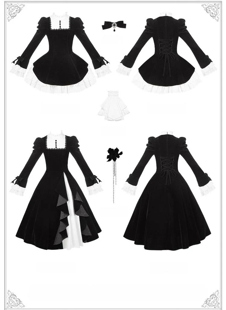 With PUJI - To the Dusk - Classic Lolita Tiered-Skirt OP, Long Irregular Hem - Image 26