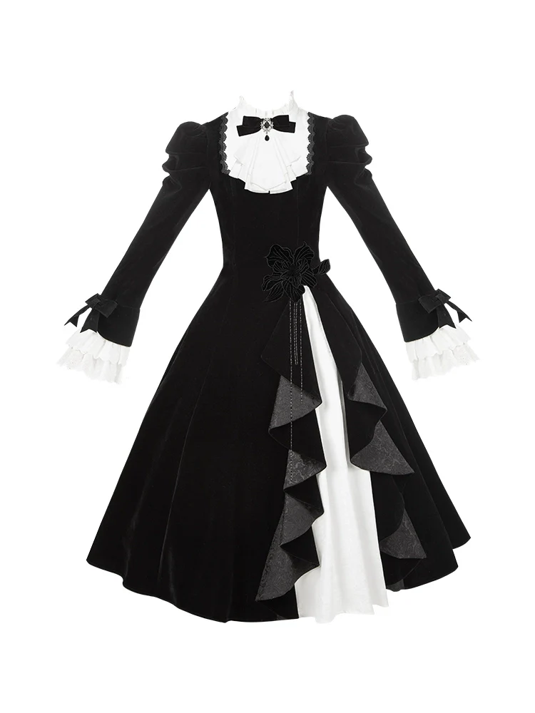 With PUJI - To the Dusk - Classic Lolita Tiered-Skirt OP, Long Irregular Hem - Image 32