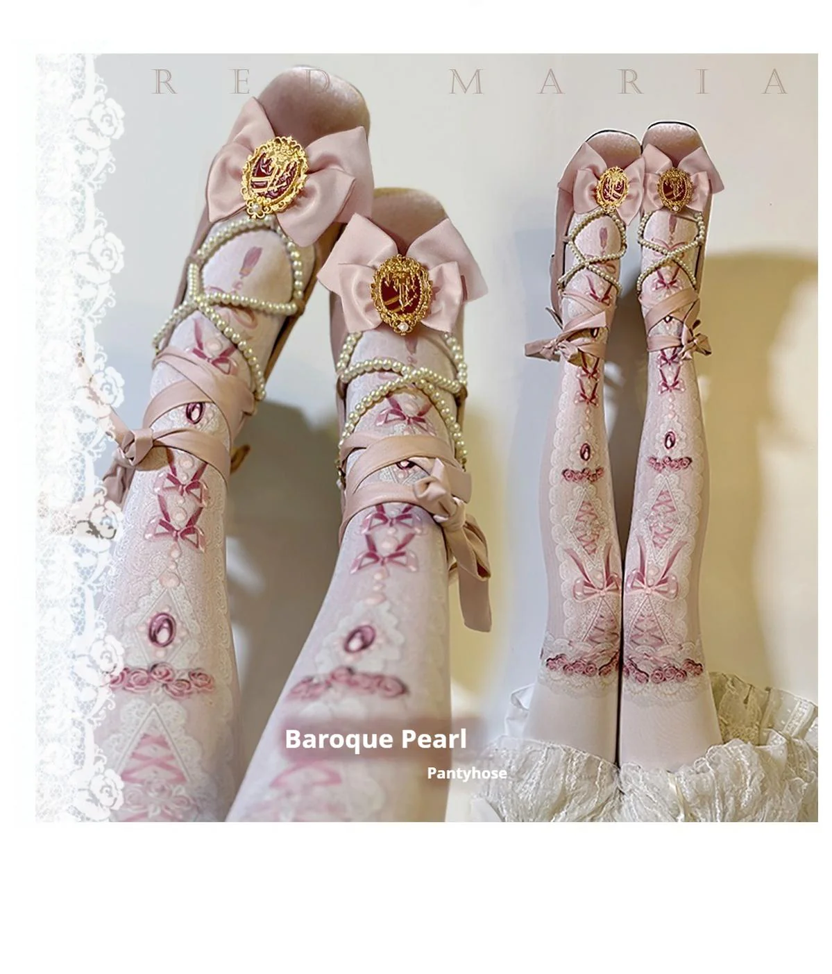 Red Maria - Classic Lolita Tights Baroque Pearl Printed Lolita Pantyhose - Image 4