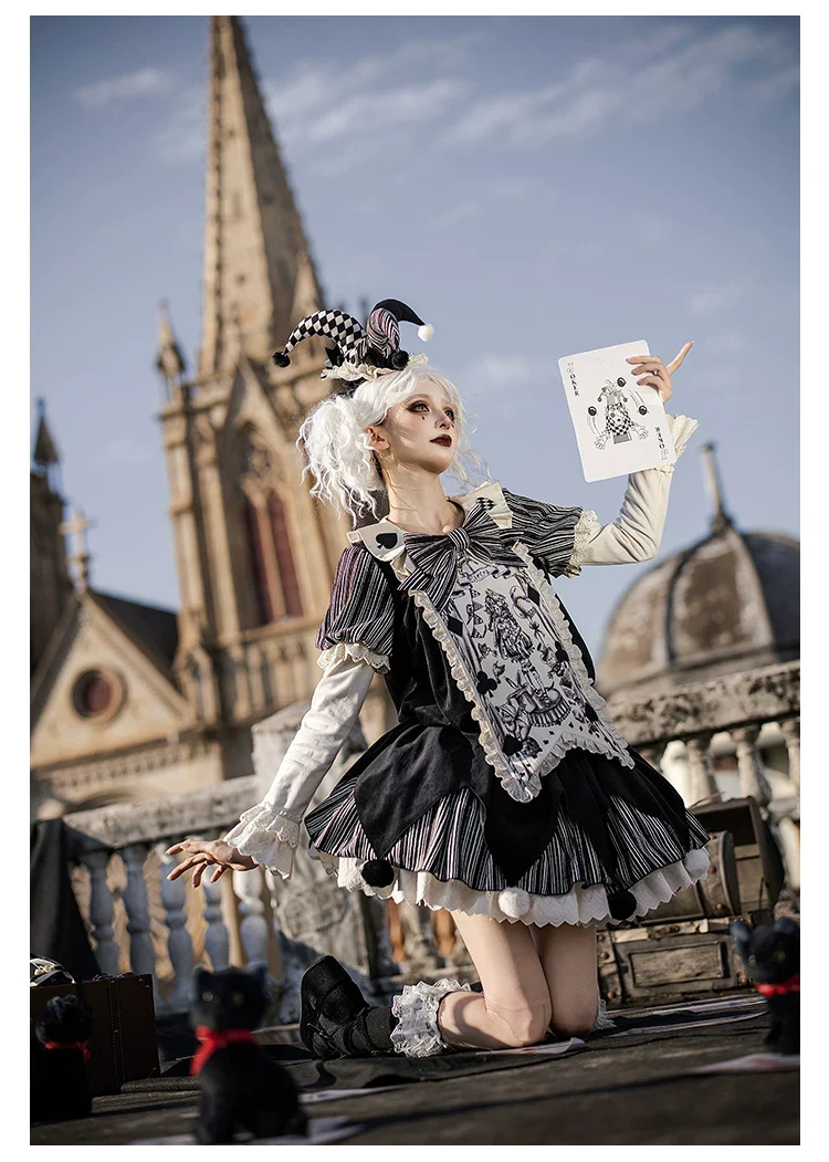 Puppet Mask - Clown Inspired Gothic Lolita OP Dress, Loose Fit - Image 24