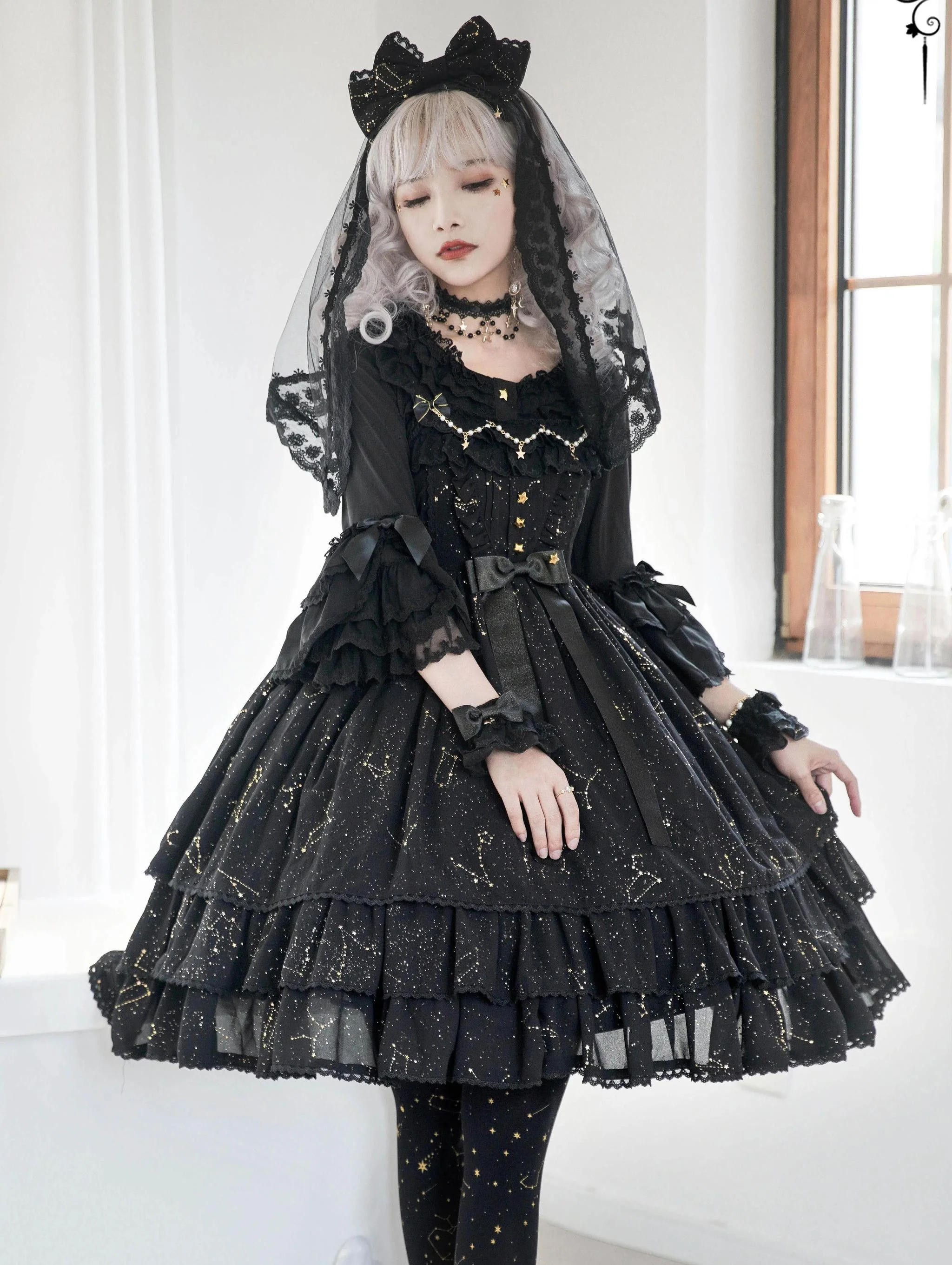 Whisper of Stars - Elegant Lolita Black JSK Dress, Constellation Foil Printing - Image 10