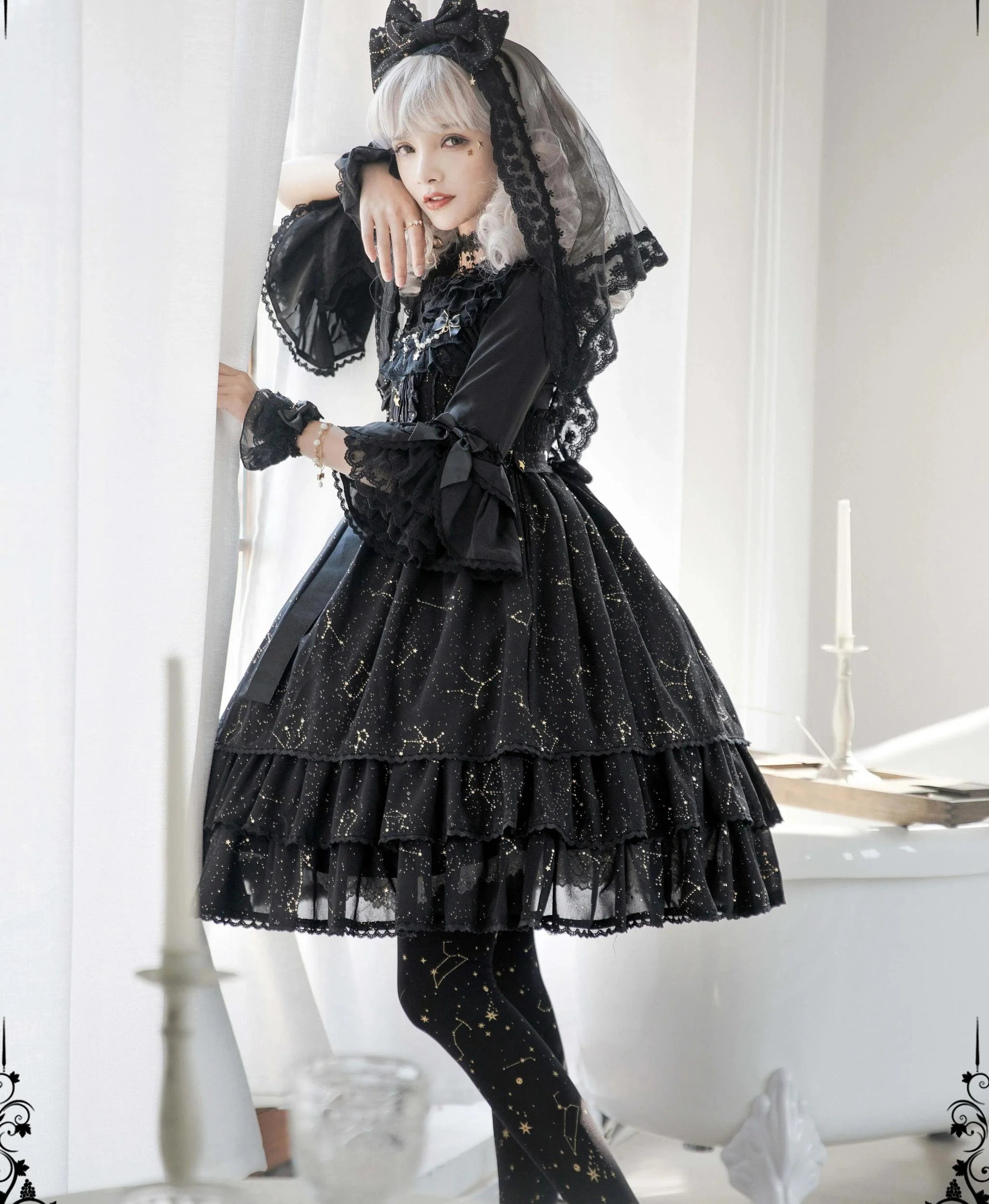 Whisper of Stars - Elegant Lolita Black JSK Dress, Constellation Foil Printing - Image 12