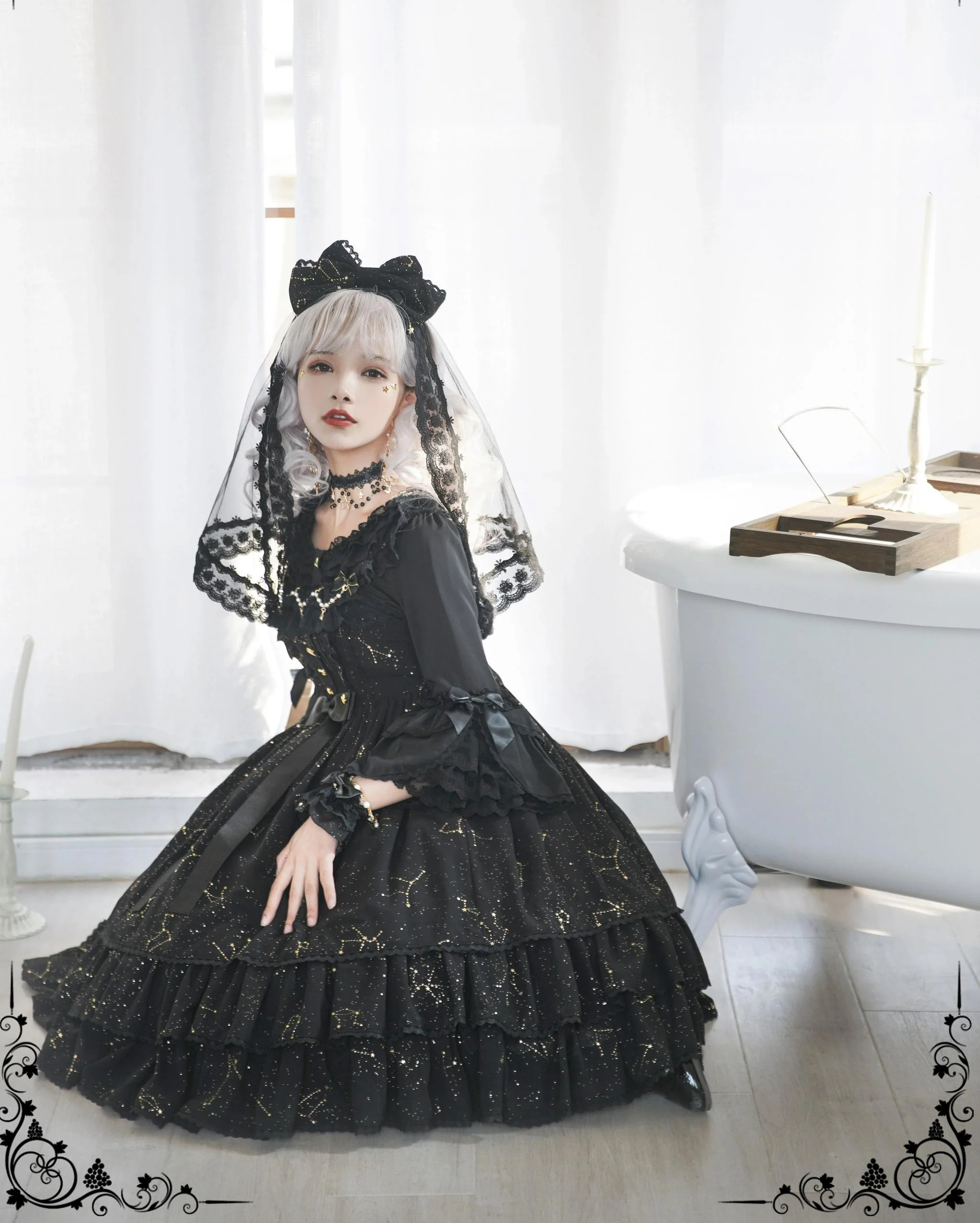 Whisper of Stars - Elegant Lolita Black JSK Dress, Constellation Foil Printing - Image 14