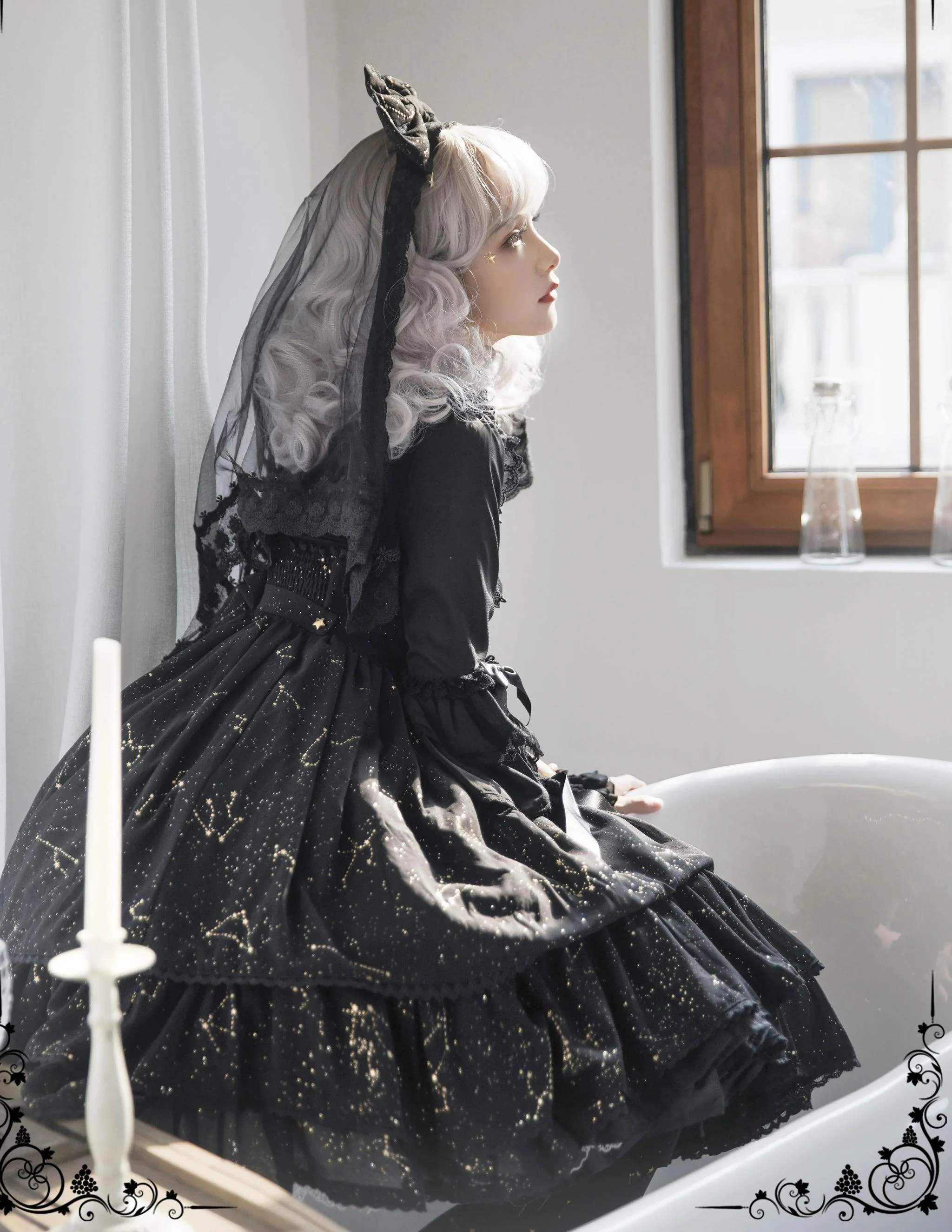 Whisper of Stars - Elegant Lolita Black JSK Dress, Constellation Foil Printing - Image 15