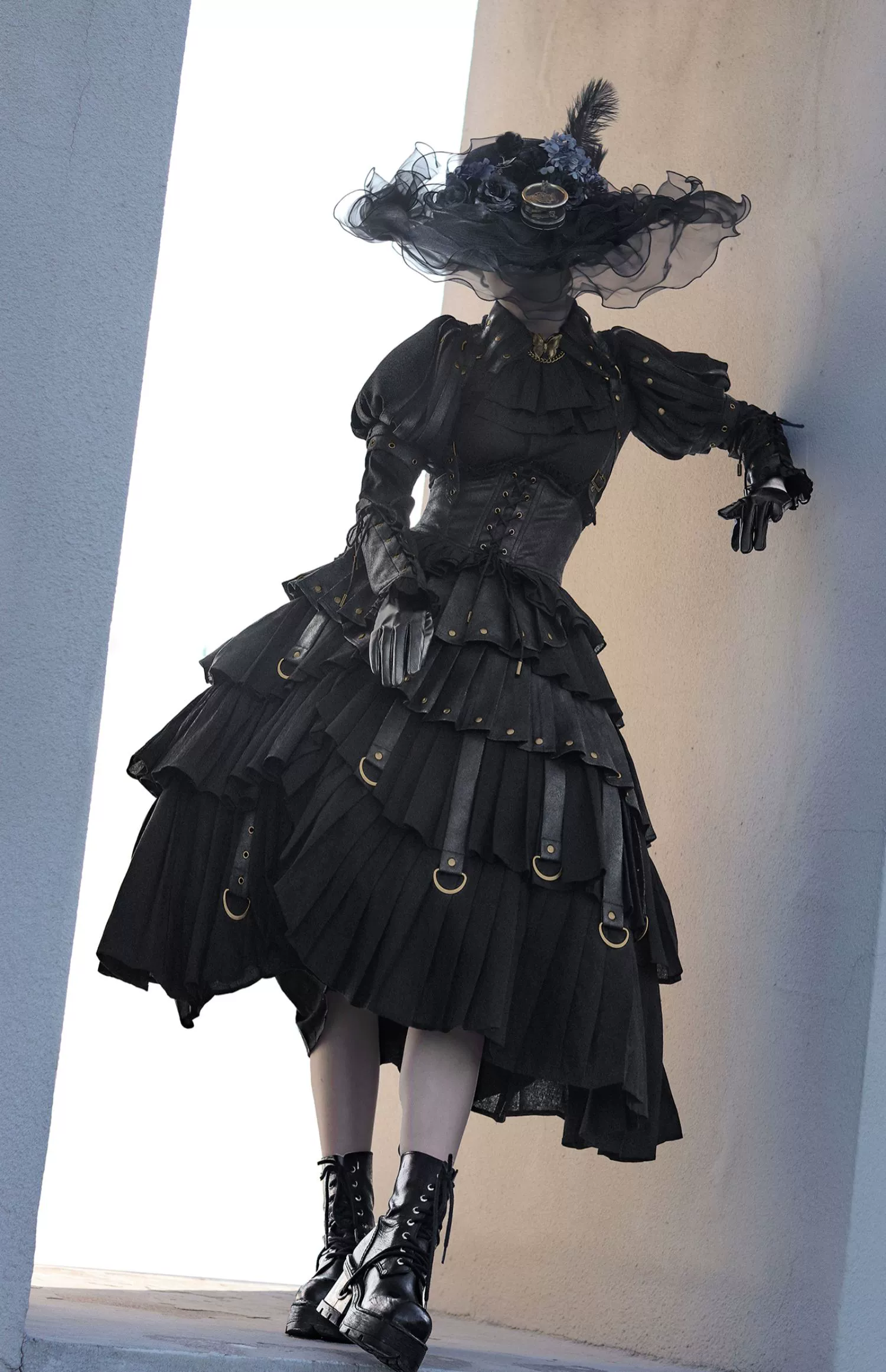 FOXTROT - Black Mist Beloved - Corset Gothic Lolita SK, Shirt, Faux Leather Cage Overlay - Image 6