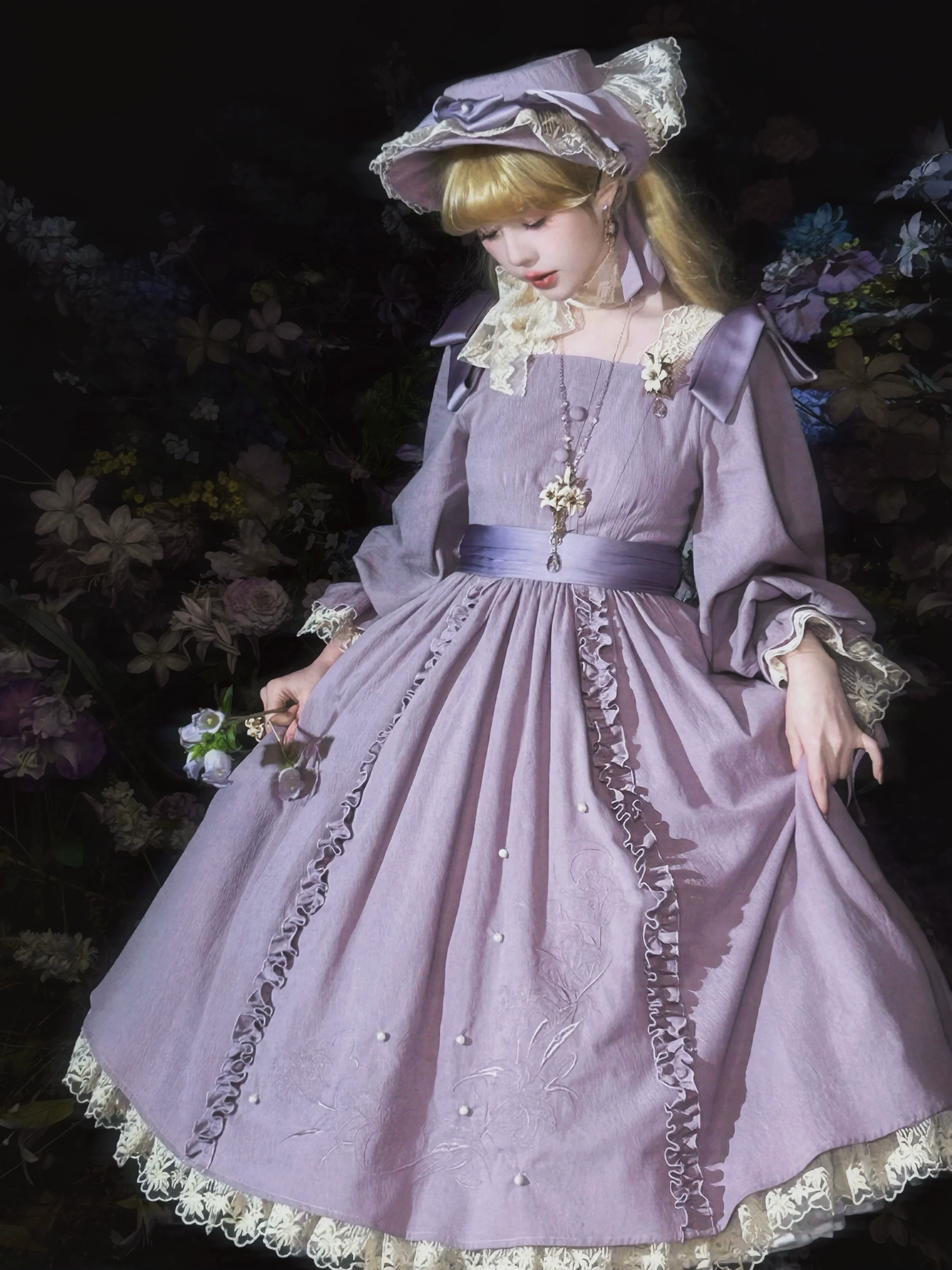 Moonlit Lily - Cotton Classic Lolita OP Dress, Lily Embroidery - Image 4