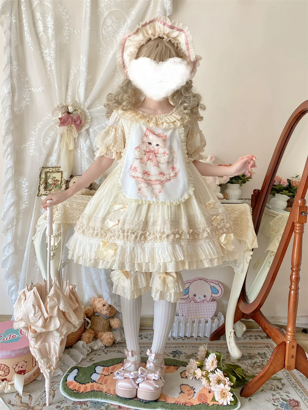 Meow Lullaby - Cotton Kawaii Lolita OP Dress with Removable Kitty Apron - Image 2
