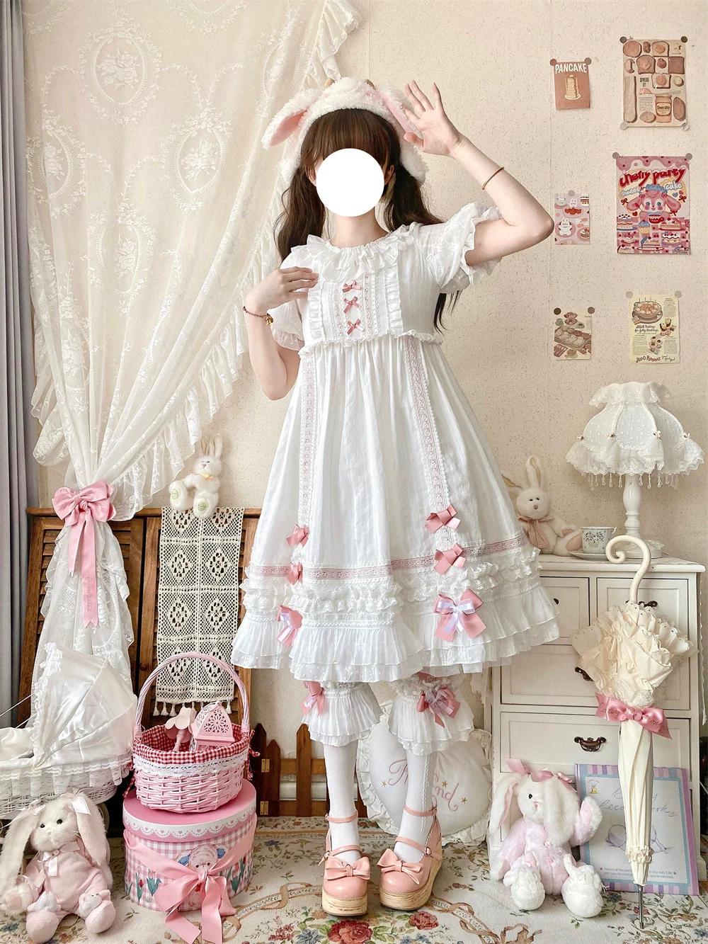 Meow Lullaby - Cotton Kawaii Lolita OP Dress with Removable Kitty Apron - Image 3
