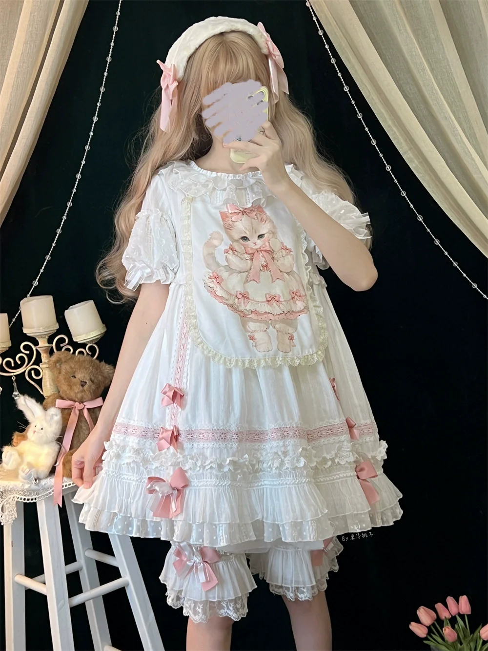 Meow Lullaby - Cotton Kawaii Lolita OP Dress with Removable Kitty Apron - Image 6