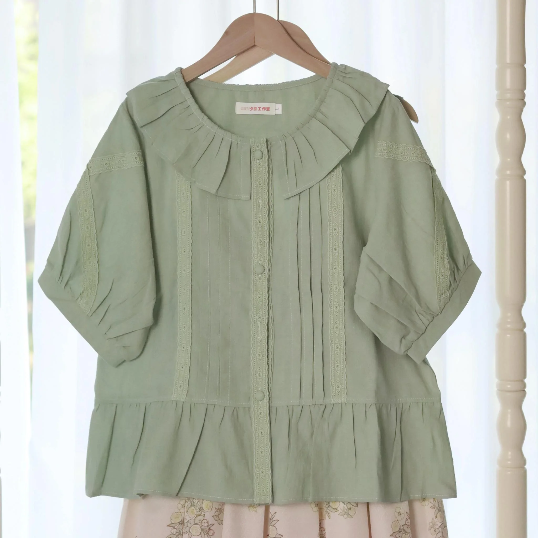 Spring Retro - Cotton Kawaii Lolita Shirt with Ruffled Neck and Lace Detail - Image 14