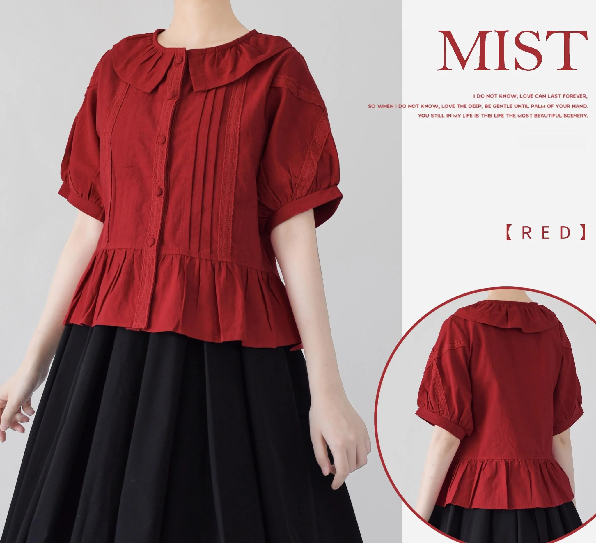 Spring Retro - Cotton Kawaii Lolita Shirt with Ruffled Neck and Lace Detail - Image 6