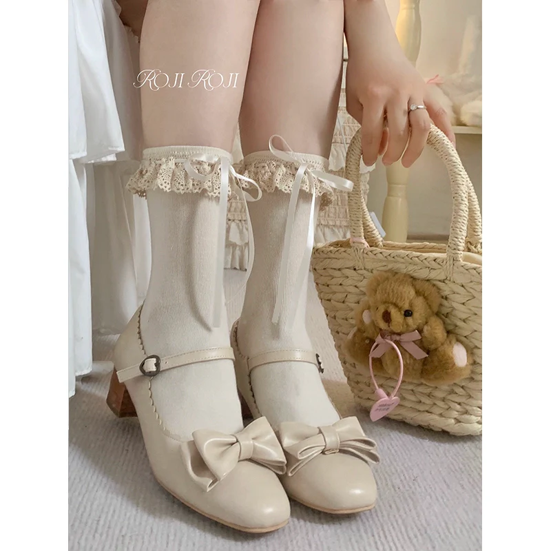 Roji Roji - Cotton Lolita Socks Lace Bow Beige Short Ankle Socks