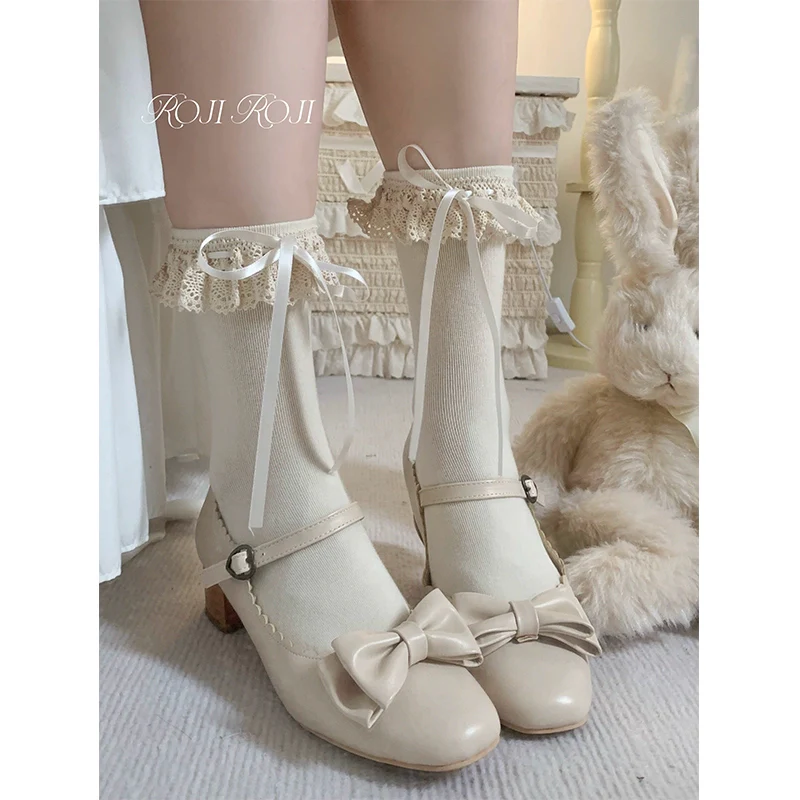 Roji Roji - Cotton Lolita Socks Lace Bow Beige Short Ankle Socks - Image 2
