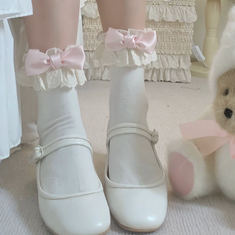 Cotton Lolita Socks Lace Bow White Socks - Image 3