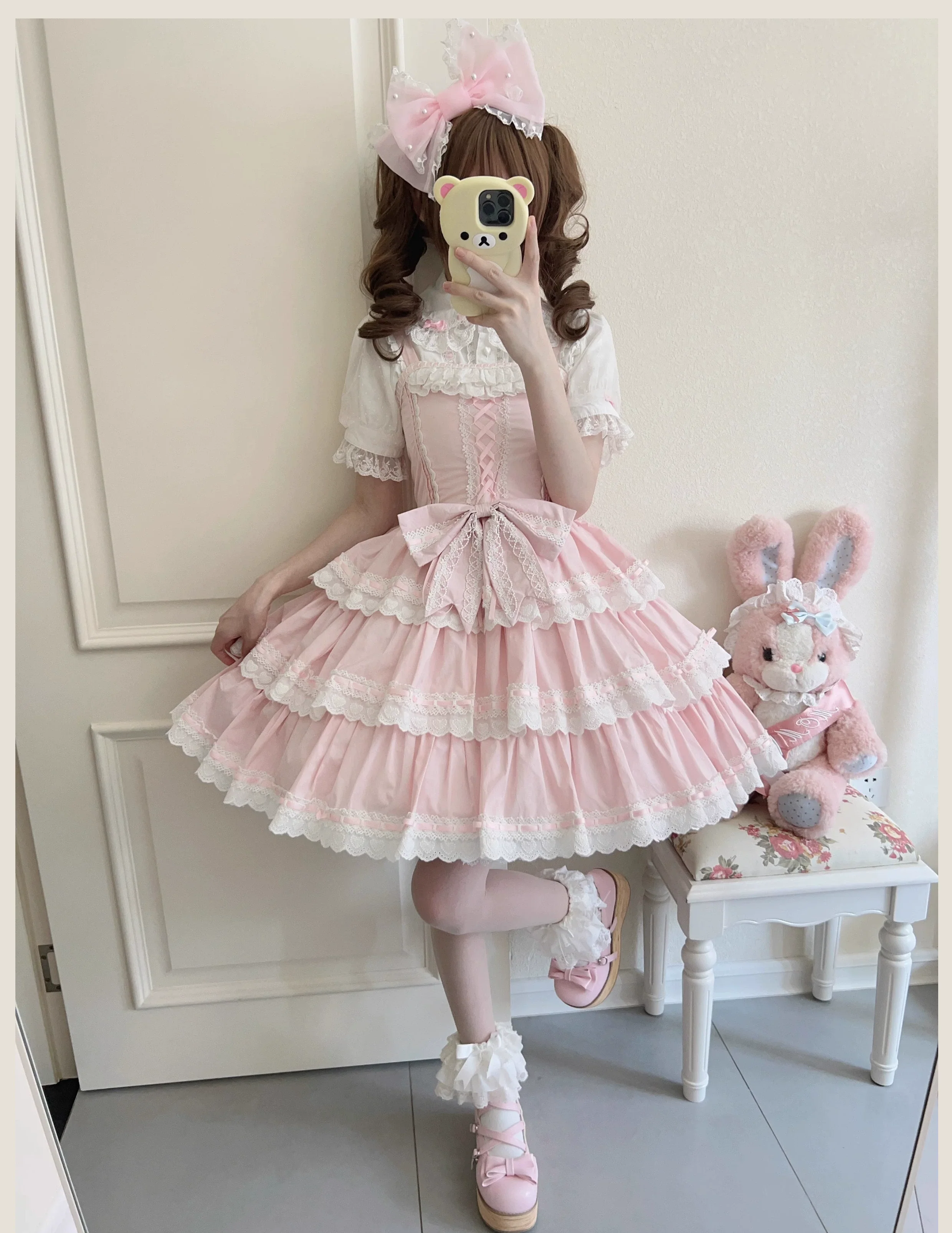 Otome Heart - Cotton Old School Lolita JSK Dress Suit, Heart-Shaped Lace Trim - Image 10