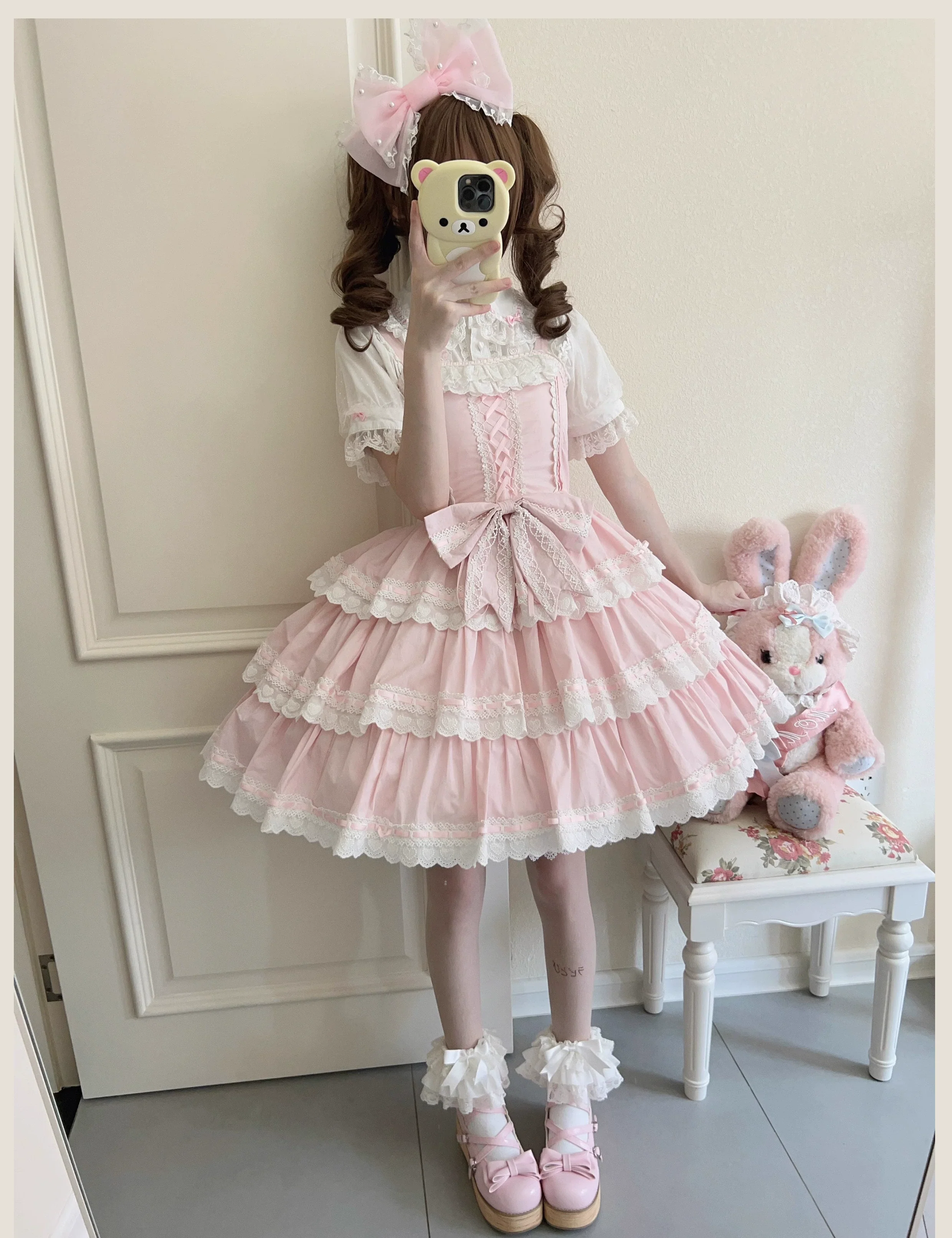 Otome Heart - Cotton Old School Lolita JSK Dress Suit, Heart-Shaped Lace Trim - Image 11